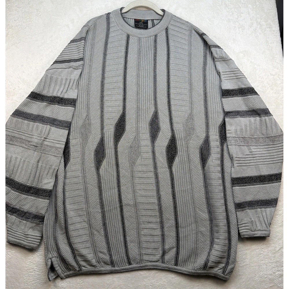 Textured Knit Sweater Mens 2XL Gray Black 90s Hip Hop Geometric Pullover